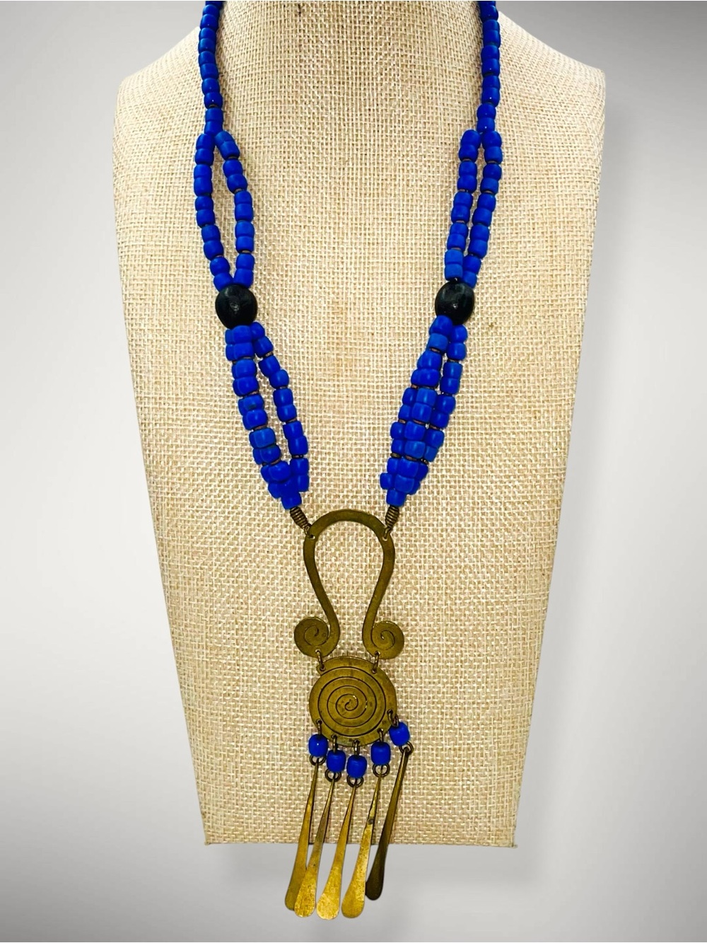 Vintage Ethnic Blue Beaded Multi Strand Statement Necklace Brass Spiral Fringe
